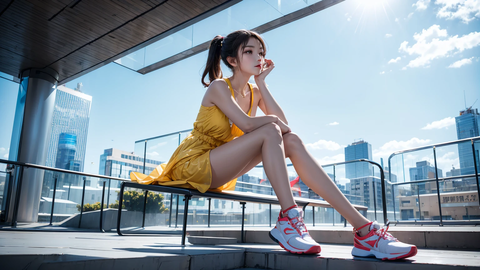 Girl in a bright dress,(Look up from the bottom:1.3),sports shoes,small space,City architectural background,sitting posture,dynamic poses,Sitting on a balcony on the roof of a glass podium, Best quality, masterpiece, 8 k,depth of field