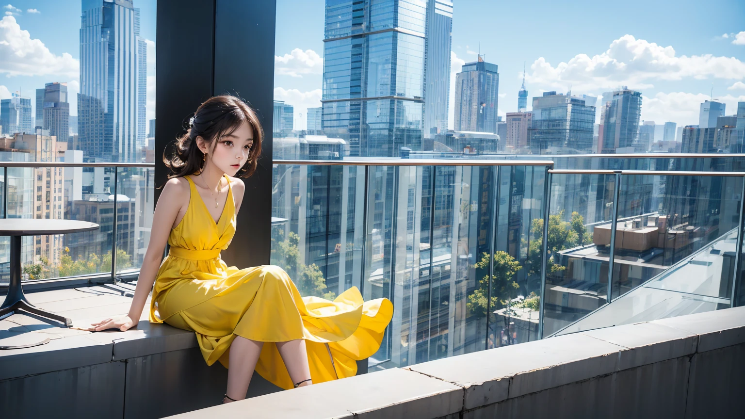 Girl in a bright dress，(Look up from the bottom:1.3)，sports shoes，small space，City architectural background，sitting posture，dynamic poses，Sitting on a balcony on the roof of a glass podium, Best quality, masterpiece, 8 k，depth of field