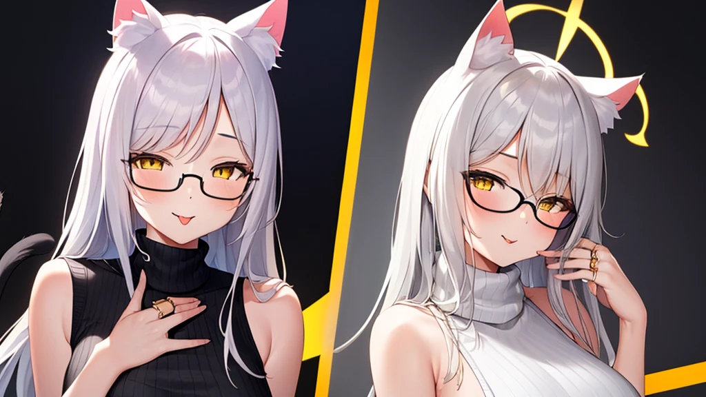 2 women (A 20-year-old female angel with long, white hair, yellow eyes, cat ears, and a glowing yellow halo ring above her head. Wear round glasses (White halter turtleneck sweater, white purekiller sweater, sleeveless, sexy backless sweater, white dress)) (A 20-year-old cat girl with long, black hair, gray eyes, cat ears, and wears round glasses. (Black halter turtleneck sweater, black purekiller sweater, sleeveless, backless sweater, sexy black dress)) stick out your tongue
