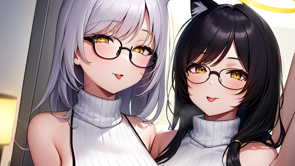 2 women (A 20-year-old female angel with long, white hair, yellow eyes, cat ears, and a glowing yellow halo ring above her head. Wear round glasses (White halter turtleneck sweater, white purekiller sweater, sleeveless, sexy backless sweater, white dress)) (A 20-year-old cat girl with long, black hair, gray eyes, cat ears, and wears round glasses. (Black halter turtleneck sweater, black purekiller sweater, sleeveless, backless sweater, sexy black dress)) stick out your tongue