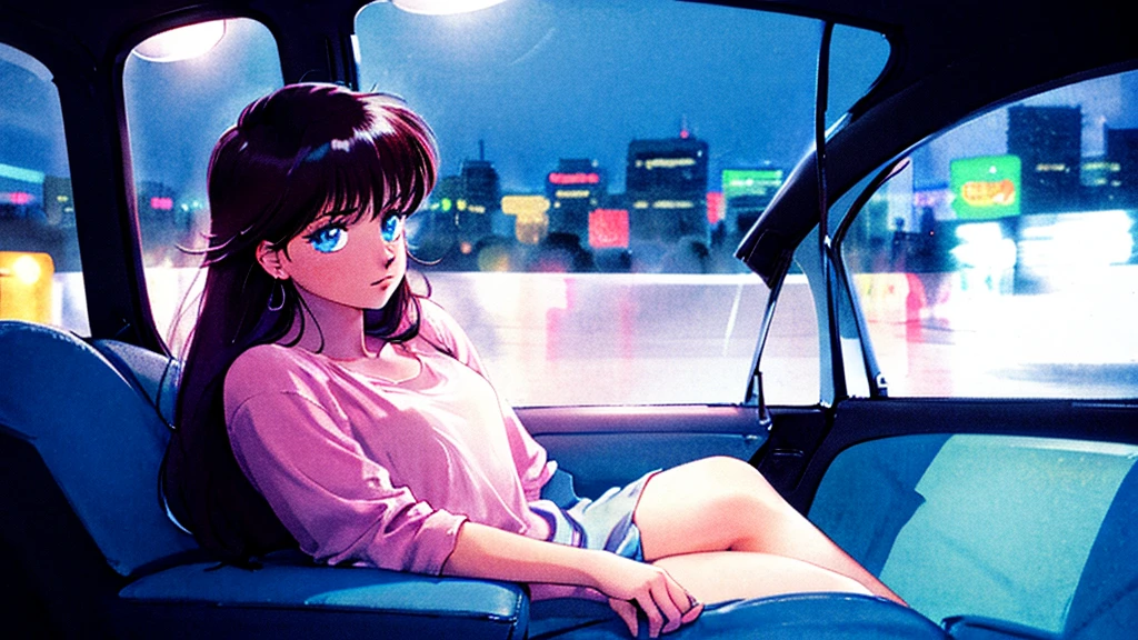 Create an image from the angle inside a car, showing a woman with a thoughtful expression on her face as she gazes out of the side window at the cityscape. The city outside should be visible, illuminated by streetlights and neon signs. Use soft, pastel colors and subtle gradients to capture a dreamy, reflective atmosphere. Ensure the interior of the car feels cozy and comfortable, adding to the overall serene vibe.
