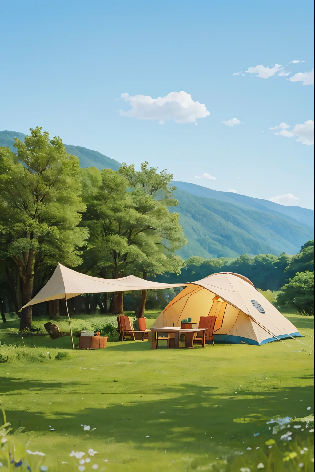 Luxurious camping site with abundant natural beauty、background、Nearby streams or lakes、No staff required、There is a small tent with table and chairs in the middle of the forest,Grassy Shade,Hayao Miyazaki anime illustration style, Relaxation concept art, Cute illustration art style, Hayao Miyazaki anime illustration art style, Miyazaki Studio anime style,Hayao Miyazaki's animation illustration studio environment, Anime Landscape Concept Art