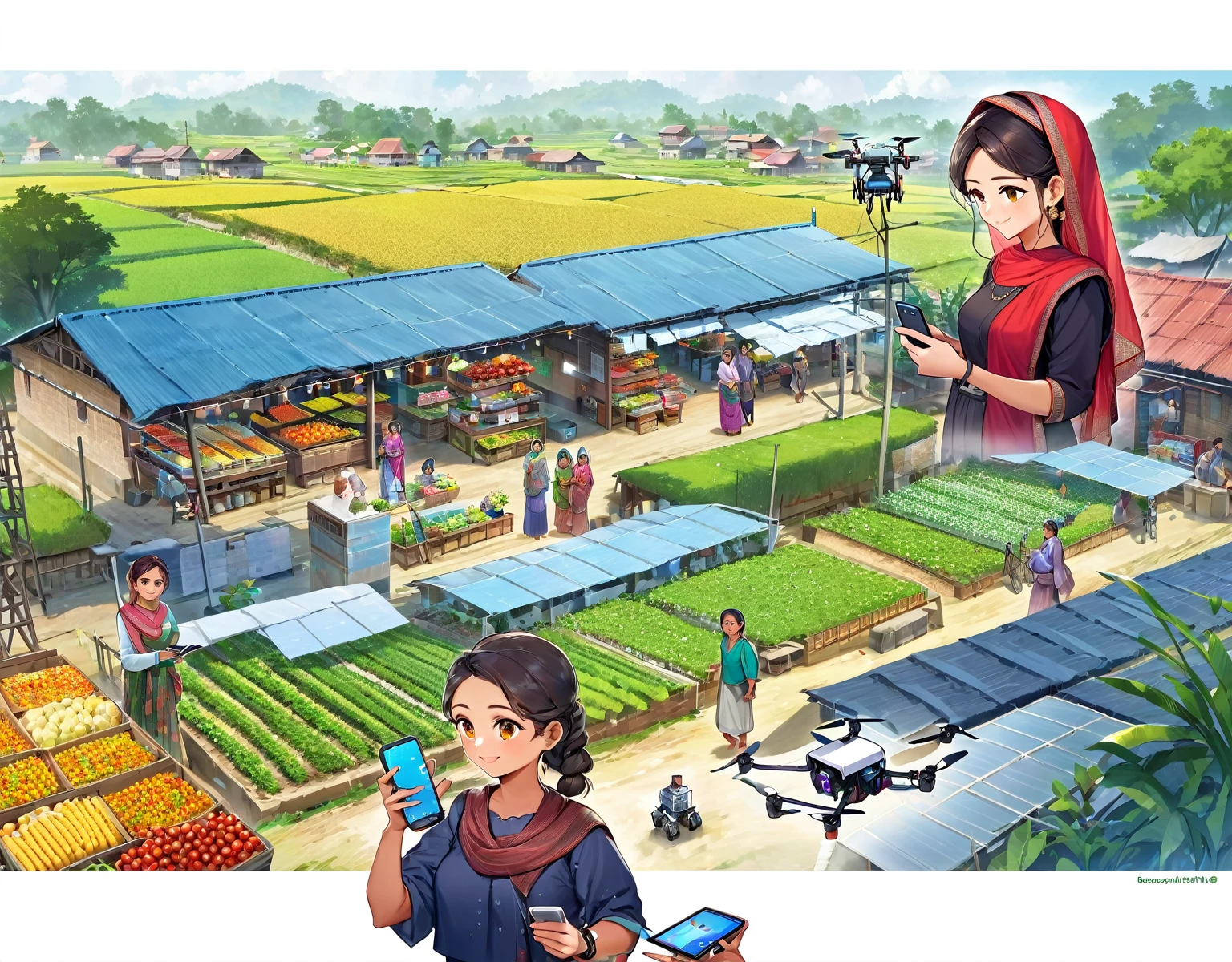 (Bangladesh)), poster image of a vibrant landscape of Bangladesh, where tradition and technology converge, a Smart Village emerges., Smart Village: Bridging Tradition and Technology Connected Community: Villagers embracing the internet and computers, enhancing their daily lives and work. Modern Farming: Farmers utilizing smartphones for better crop management and market access. Tech-Enabled Families: Happy families benefiting from improved communication and education through technology. Innovative Infrastructure: Mobile towers ensuring seamless connectivity, with drones and robots supporting agricultural