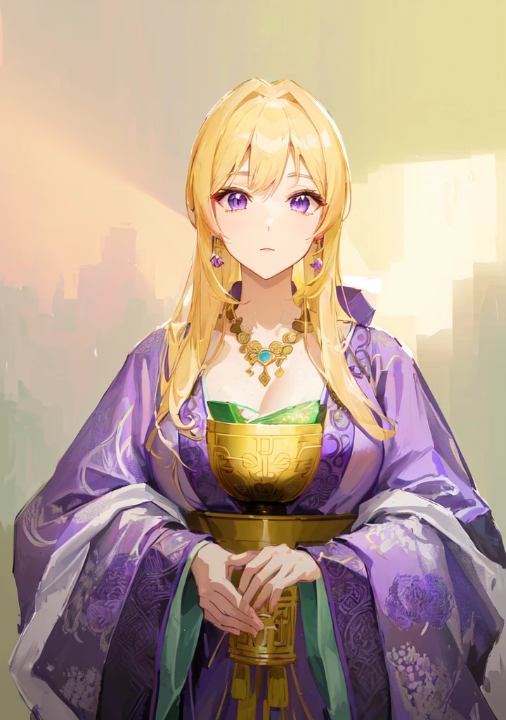 Wearing a purple robe、Cartoon image of a woman holding a bowl, ((Beautiful fantasy queen)), Produced in collaboration with Anime Painter Studio, Anime Goddess, Portrait of the Knights of the Zodiac, elfic priestess, ((Wearing noble robes)), Anime style like fate/overnight, Beautiful fantasy queen, In the anime painter studio，Three Kingdoms，Three Kingdoms志，Chinese style，antiquity，Hanfu，，巨big乳房，Good shape，Royal sister，Purple Eyes，Celluloid，big，Full figure，Noble