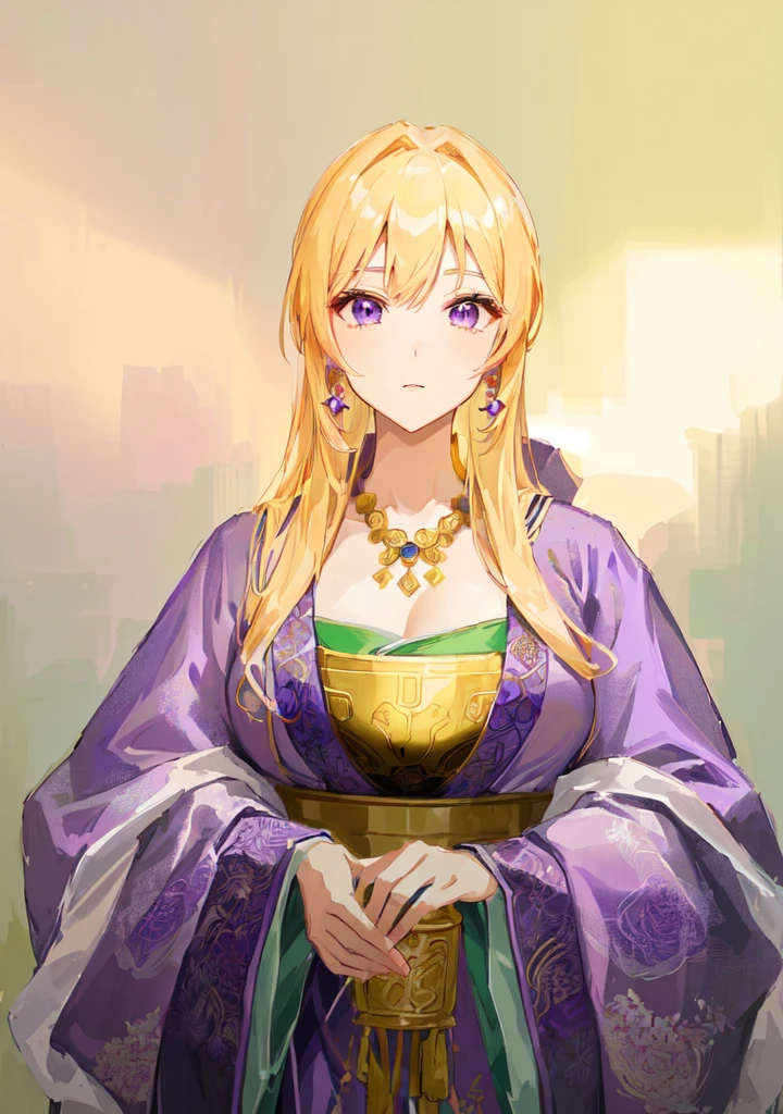 Wearing a purple robe、Cartoon image of a woman holding a bowl, ((Beautiful fantasy queen)), Produced in collaboration with Anime Painter Studio, Anime Goddess, Portrait of the Knights of the Zodiac, elfic priestess, ((Wearing noble robes)), Anime style like fate/overnight, Beautiful fantasy queen, In the anime painter studio,Three Kingdoms,Three Kingdoms志,Chinese style,antiquity,Hanfu,,巨big乳房,Good shape,Royal sister,Purple Eyes,Celluloid,big,Full figure,Noble