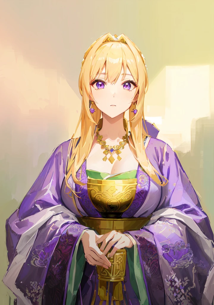 Wearing a purple robe、Cartoon image of a woman holding a bowl, ((Beautiful fantasy queen)), Produced in collaboration with Anime Painter Studio, Anime Goddess, Portrait of the Knights of the Zodiac, elfic priestess, ((Wearing noble robes)), Anime style like fate/overnight, Beautiful fantasy queen, In the anime painter studio,Three Kingdoms,Three Kingdoms志,Chinese style,antiquity,Hanfu,,巨big乳房,Good shape,Royal sister,Purple Eyes,Celluloid,big,Full figure,Noble