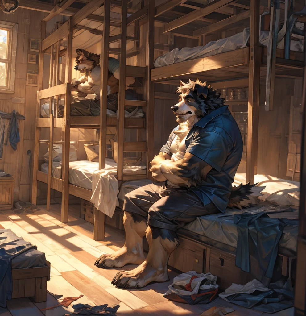 By Taran Fiddler, nsfw, one man, anthro canine (Bearded Collie breed), adult male, elderly, slightly wrinkled face, bushy eyebrows, stern facial expression, grumpy, bushy mustache, mustache covering mouth, slightly short height, dilf, flaccid dick (knot), naked, sitting on a bunk bed, discarded clothes on the ground, inside living quarters, back shot angle of character, oil rig dormitory 