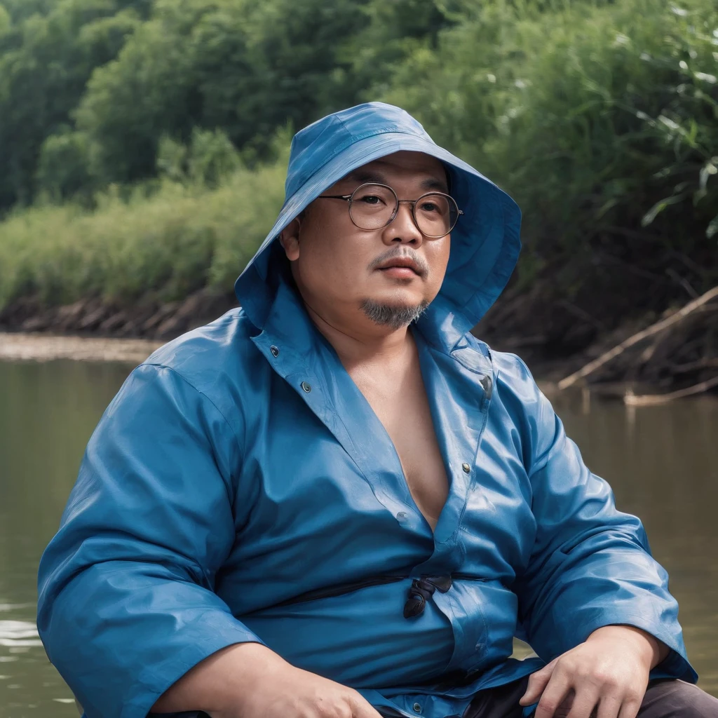 A fat Asian, bathing in hot springs.