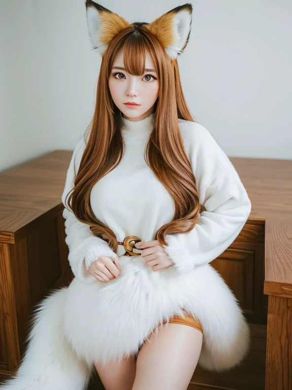 ((Highest quality)), ((masterpiece)), (Familiar), Perfect Face, fox lady, Pretty girl, Fox Ears, Fox tail, She has a northern fox tail, She wags her fluffy tail, fur collar, Beautiful hip line, Big , Thick thighs, A big tail growing out from under the skirt, Nice body, Shyly staring at his tail, Only one tail, troubled face
