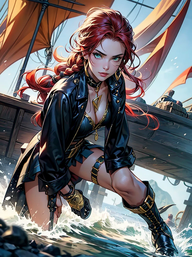 (masterpiece: 1.2), (best quality: 1.2), (highly detailed: 1.3), (intricate detail), highres, best illustration, 4k, perfect lighting, high detail pirate ship, ocean, wind breeze, full body, full body shot, perfect face detail, detailed eyes, detailed background, realistic photo, sharp focus 1.2, ((looking at camera 1.2)), solo, 1girl, perfect human anatomy, perfect legs, perfect arms s, perfect face, long red hair, braid in hair, female pirate outfit, leather skirt, garter feel, black gloves with gold details, flashy neckline, seductive look, female boots, hard , woman with closed mouth, green iris, looking at viewer, perfect lighting, epic realism, sultry look, seductive,
