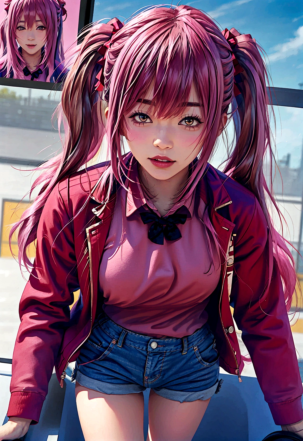 ultra-detailed,highly detailed,best quality,masterpiece,illustration, 
anime-style character with long pink hair tied into twin tails, wearing a black and maroon hoodie with a heart logo, and denim shorts. The background features colorful graffiti art. 