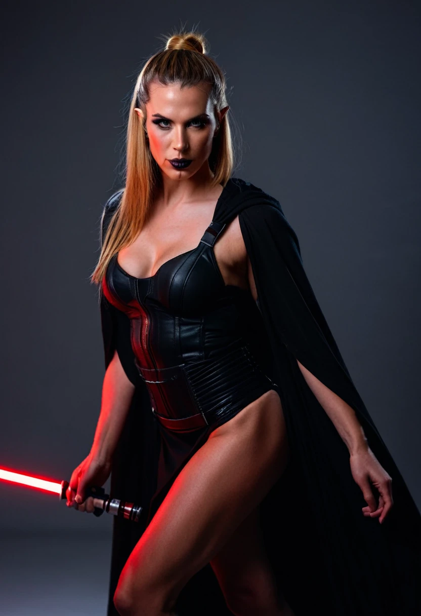 professional photograph of a 31 year old model, by Peter Hegre, photography studio,__perspective__, beautiful evil slavic muscular woman, pale skin, long hair, Sith Lord, cute face, red skin, fit body, holding one red light saber in her hand, wearing a black crop top with a hood:1.4, underboob, black skirt, darth talon:0.7, at the starship, cozy, Star Wars, j j abrams, photorealistic, sharp focus, depth of field, vogue magazine, fashion photo, cinematic lighting, rim light, cozy:1.2, neon