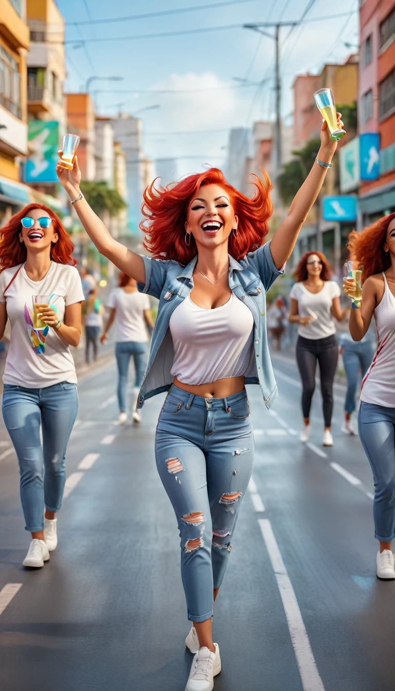 Adult women 35 years old with STRAIGHT RED HAIR, Brazilian, dressed in clothes, In an urban landscape and holographic signs、DANCING HAPPY. HANDS RAISED on the road. are drinking and laughing, The background is modern, high tech vibe. Lovely Digital Painting, 3D rendering, Bright lighting, Sophisticated Colors. adult people, pessoas bonitas, flat hair