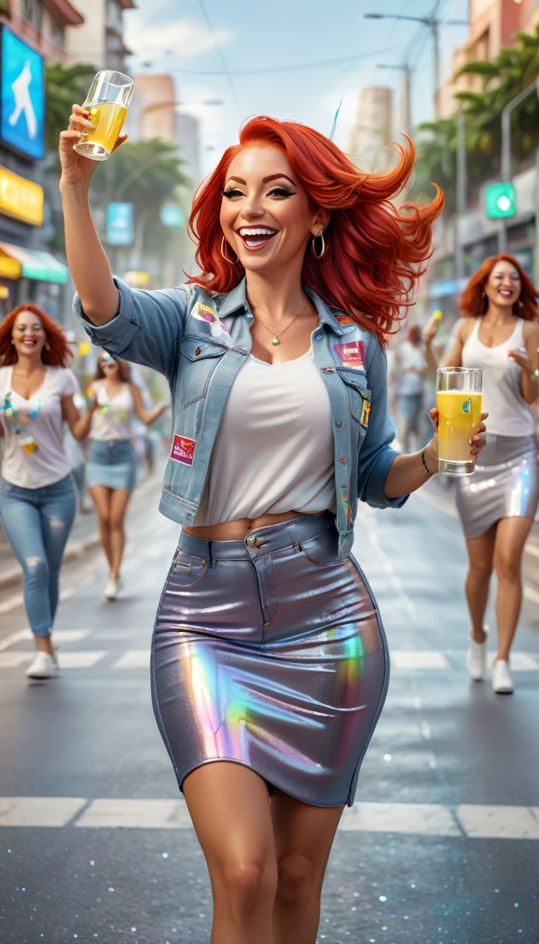 Adult women 35 years old with STRAIGHT RED HAIR, Brazilian, dressed in clothes, In an urban landscape and holographic signs、DANCING HAPPY. HANDS RAISED on the road. are drinking and laughing, The background is modern, high tech vibe. Lovely Digital Painting, 3D rendering, Bright lighting, Sophisticated Colors. adult people, pessoas bonitas, flat hair