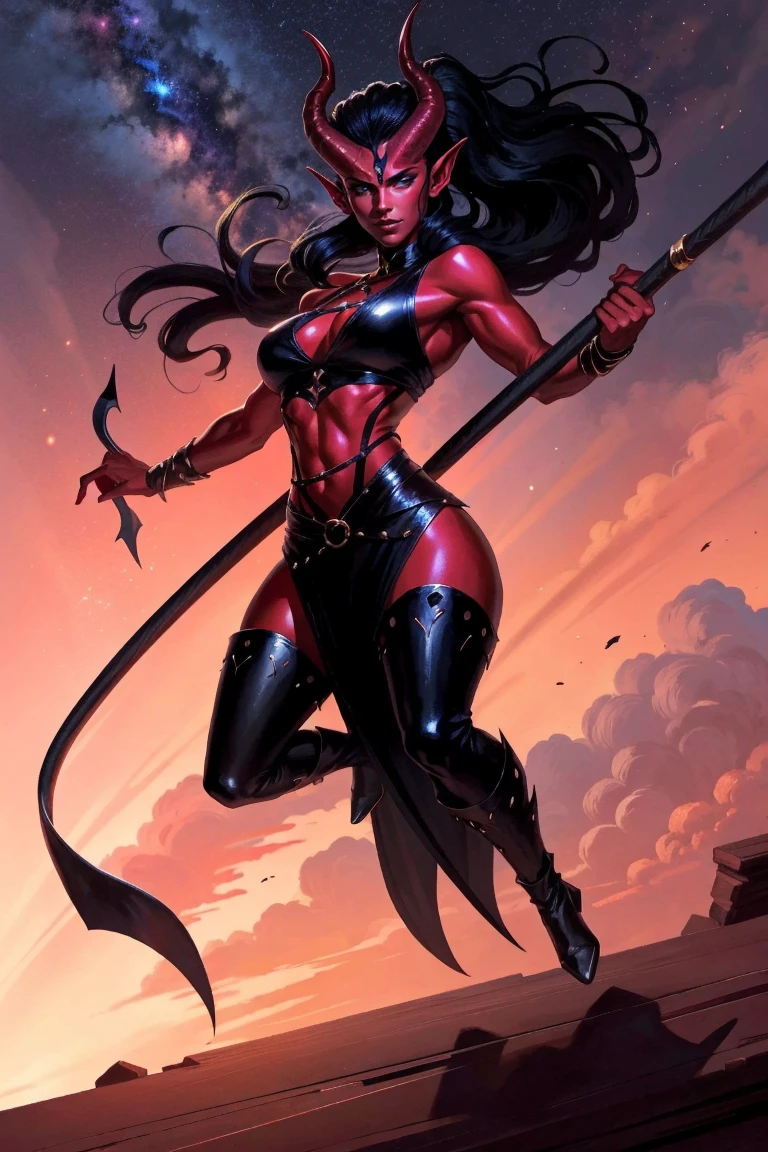 Red skin succubus tiefling, large breasts, black horns, wings, huge tail, black leather, crop top, long flowing pelvic curtain, tall, toned, graceful, thin, long black ponytail. Action scene, whip. Dark scene, explosions, night sky.