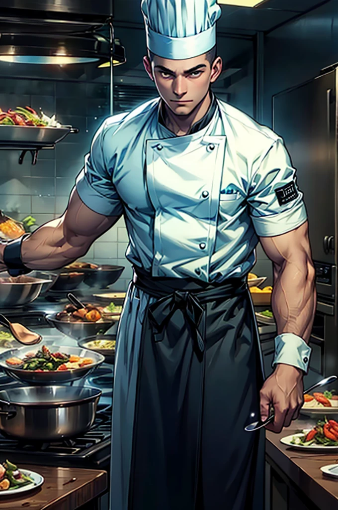 ((best quality)), ((chef-d'artwork)), (detailed), profondeur de champs, soldiers in the background, visage parfait, Dans un monde de fantasy, a blonde warrior with blue eyes, les cheveux blonds attachés en une queue de cheval haute et des mèches de chaque coté de son magnifique visage se tient sur les remparts d'une château. She wears a long white medieval coat with golden wing symbols open at chest level., revealing her generous cleavage. A son ceinturon pends le fourreau d'une épée qu'elle porte en main droite. Elle porte de longs gants en cuir sans doigts et des protèges bras de cuir ainsi que des cuissarde de cuir par dessus son pantalon blanc. Metal shoulder pads shaped like wings., sultry look, seductive,