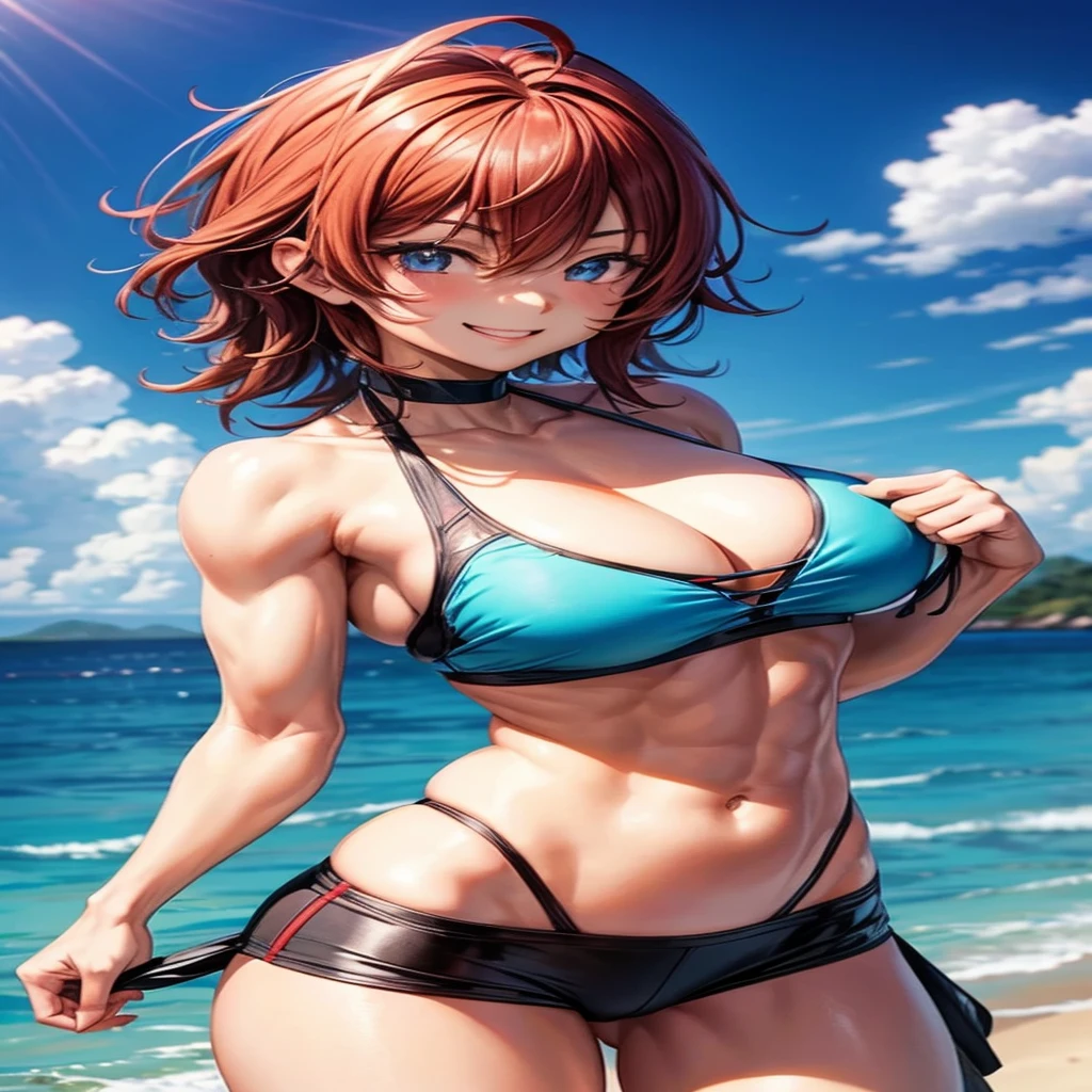 Attractive muscular tomboy smiling anime girl wearing tight revealing bikini while posing in a seductive manner, thigh gap