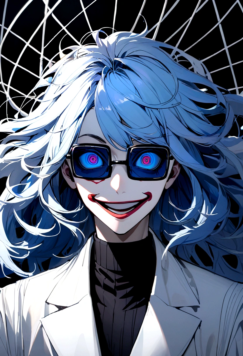 Tall man, wide shoulders, white overcoat, black turtleneck, light blue hair, medium length hair, layered hair, thick hair, dark blue piercing eyes, ringed eyes, rectangular wire sunglasses, crazy, maniacal smile