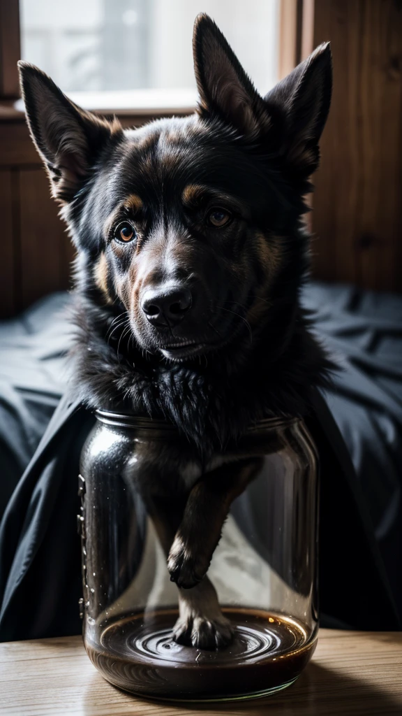 Humanoid German Shepherd Dog, with Dark Knight armor and a jar with a soul