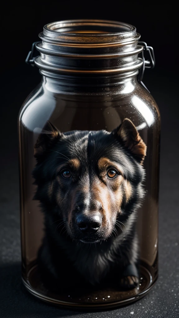 Humanoid German Shepherd Dog, with Dark Knight armor and a jar with a soul