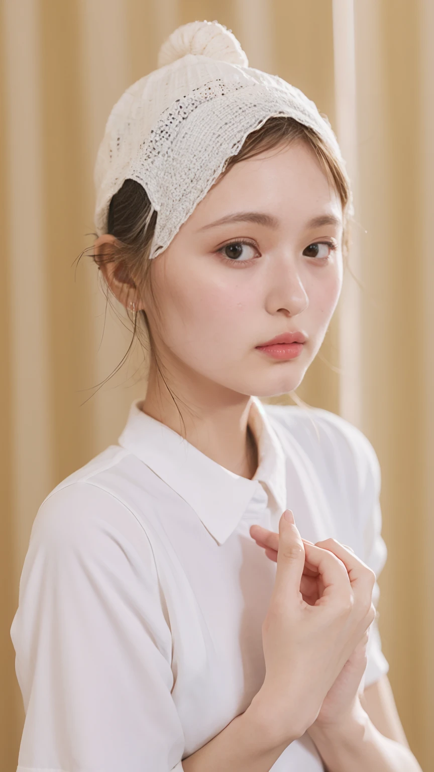 20 year old cute Japan woman, ((Extremely precise and accurate anatomy:1.0)), (Highest quality realistic skin textures:1.6), clean and glowing skin, Thin Skin, mesh, (Enhances the beauty of skin texture:1.2), ((((The texture of each individual hair, long and delicate lashes, Beautifully trimmed eyebrows, Facial pores, Detail of blood vessels in the white of the eye, Thin and visible capillaries in the skin)))), (Realistic as a photo:1.4), (Very realistic:1.4), (Improvement of quality:1.4), Realistic lighting, Backlight, A gentle light that illuminates the face, Ray Tracing, Bright light, (Smoother lighting:1.05), (Improving the quality of cinema lighting:0.9), 32k, fine grain, Detailed face, (Film Grain:1.1), (Natural smile:0), Accentuates body lines, High resolution, Natural look, Kind eyes, Delicate light and shadow, Clear skin, Graceful Pose, Beautiful Eyes, Sharp details, Soft light reflection, Beautiful contours, Delicate skin tone, Natural background, Natural poses in everyday situations, Extremely fine detail, Lora Style