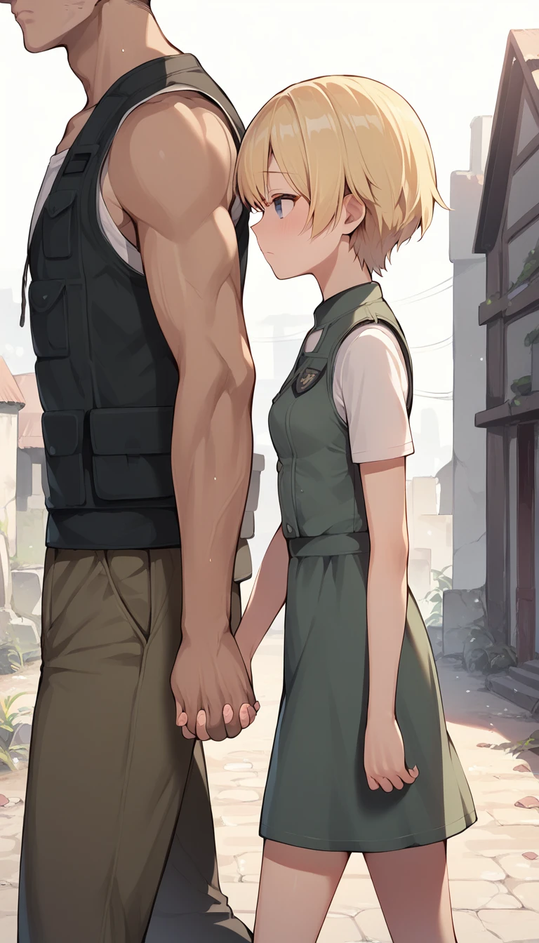 score_9, score_8_up, score_7_up, source_anime BREAK 
1girl, 14yo, _young, from side, small breasts, (girl dirty dress), holding hands, hand in another's hand, blonde short hair, grey eyes, sad face, town ruins, outdoors, walking, size difference, faceless male, male face out of frame, (male military vest, cargo pants)