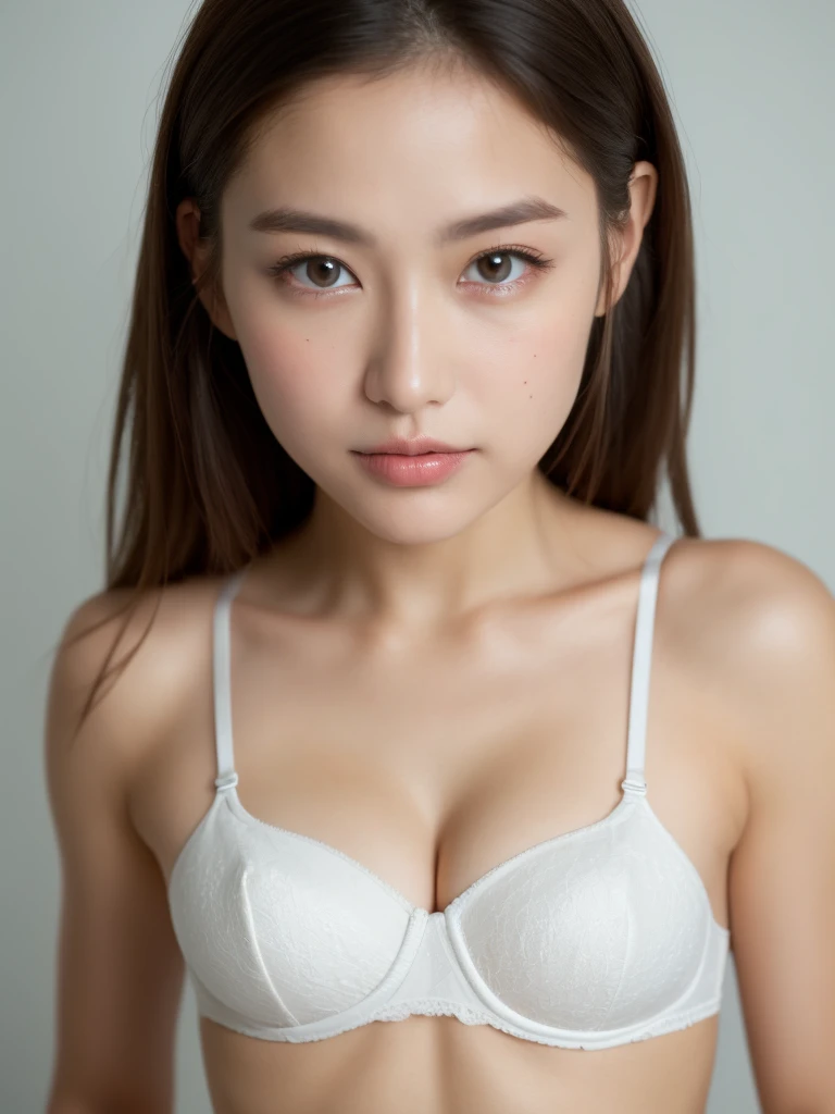 ((Best picture quality, 8K, tmasterpiece:1.3)), 1girll, Beautiful woman with slender abs:1.3, (Casual hairstyle, :1.2), Low-cut bra，Bra flesh color，Super large，The skin is very white，Ultra-fine face, A detailed eye, double eyelid，ssmile。Take pictures in cute poses，The figure is very bad，tiny small waist，Super big breasts，Close-up，Close-up chest，White-skinned，The background is casual，Close-up Shot Shot