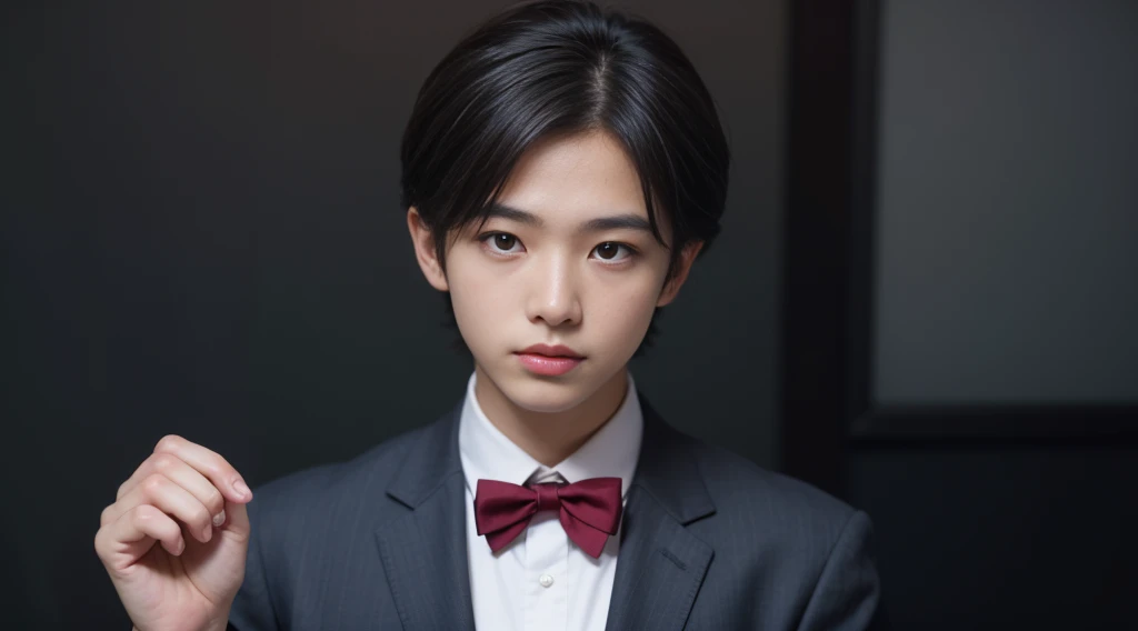 20 year old boy, Kudo Shinichi, The hairstyle is the same as the original picture., light blue suit jacket, white shirt, Red bow, 