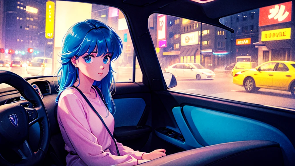 Create an image from the angle inside a car, showing a woman with a thoughtful expression on her face as she gazes out of the side window at the cityscape. The city outside should be visible, illuminated by streetlights and neon signs. Use soft, pastel colors and subtle gradients to capture a dreamy, reflective atmosphere. Ensure the interior of the car feels cozy and comfortable, adding to the overall serene vibe.