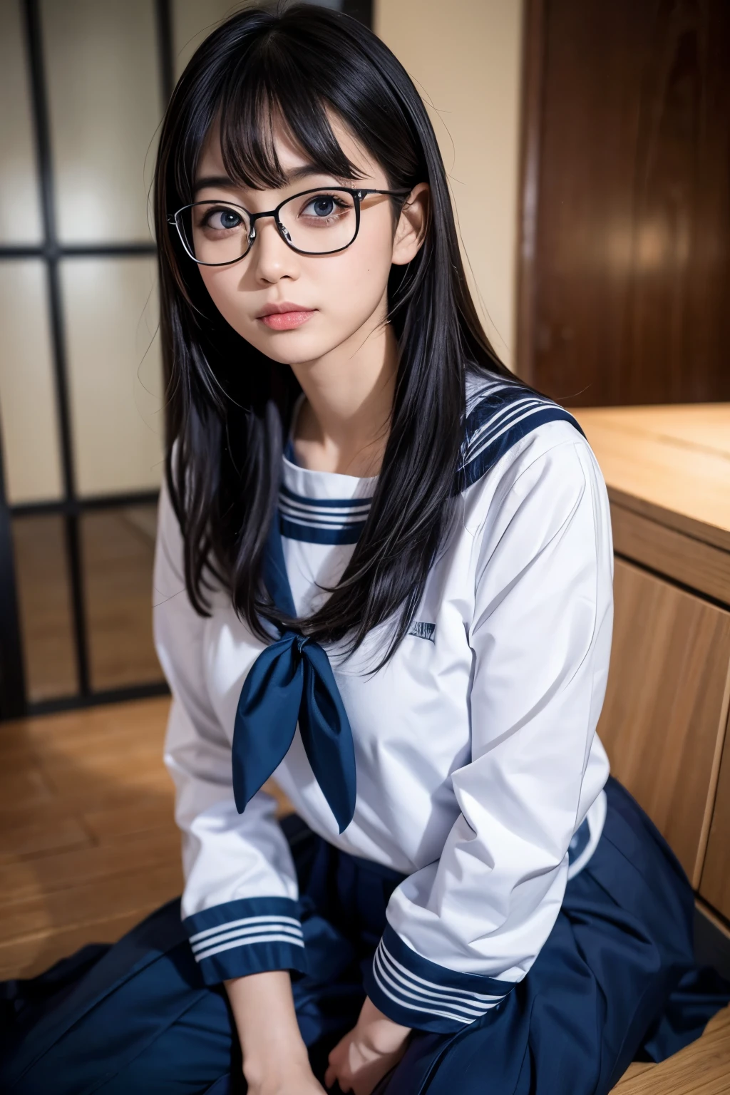 a kneeling japanese school girl with long black hair wearing a sailor uniform and glasses, cute girl , lovely look, detailed face and eyes, (best quality,4k,8k,highres,masterpiece:1.2),ultra-detailed,(realistic,photorealistic,photo-realistic:1.37),beautiful detailed eyes,beautiful detailed lips,extremely detailed eyes and face,longeyelashes,intricate,delicate,elegant,soft lighting,warm color tones,cinematic lighting,natural lighting,atmospheric