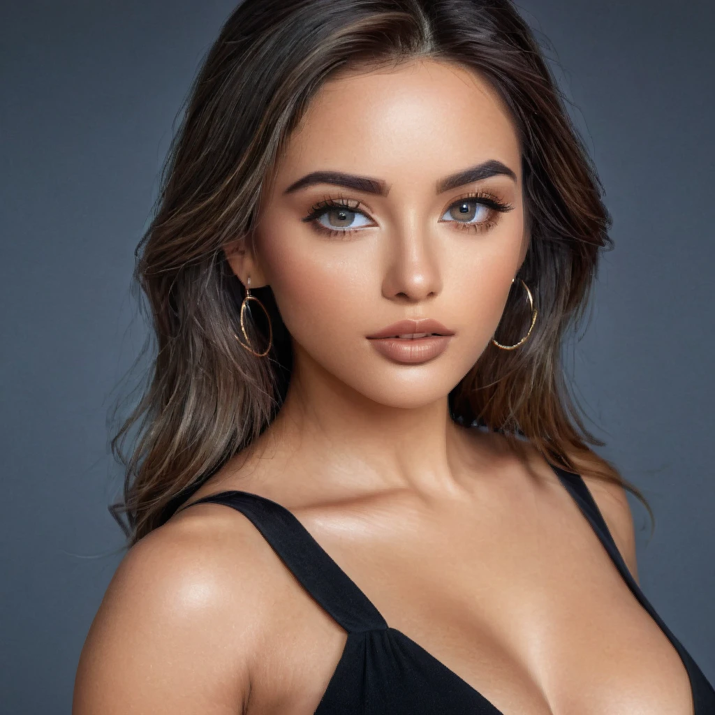 A photoreal portrait of a stunning 28-year-old Latina model showcases her oval face, straight black hair, and striking grey eyes. Her beautiful lips accentuate her wheatish skin with light brown tone highlights. Dressed in a chic black top, the image should be full body shot, 8k hdr, high detailed, and focused on capturing her mesmerizing beauty. The lighting should be soft and golden to enhance her radiance.