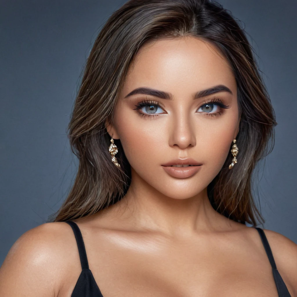 A photoreal portrait of a stunning 28-year-old Latina model showcases her oval face, straight black hair, and striking grey eyes. Her beautiful lips accentuate her wheatish skin with light brown tone highlights. Dressed in a chic black top, the image should be full body shot, 8k hdr, high detailed, and focused on capturing her mesmerizing beauty. The lighting should be soft and golden to enhance her radiance.