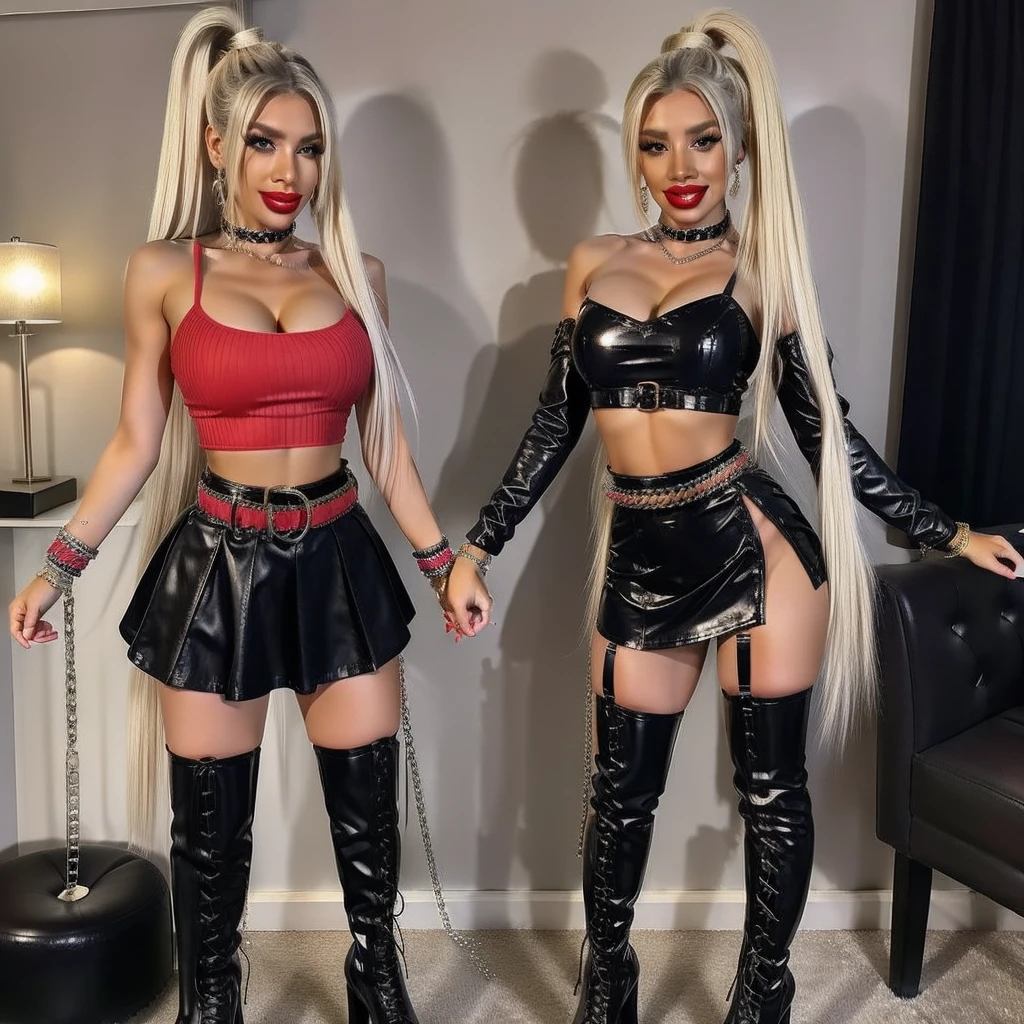 2 girl, An american woman、top white ponytails hair、、 Knee-high boots with a high platform,gem on the neck, huge bracelets, a lot of bracelets, Stockings, crop top, hot dress, big wide belt, leg belts, chains ,multicolored clothes, wide smile, red lips