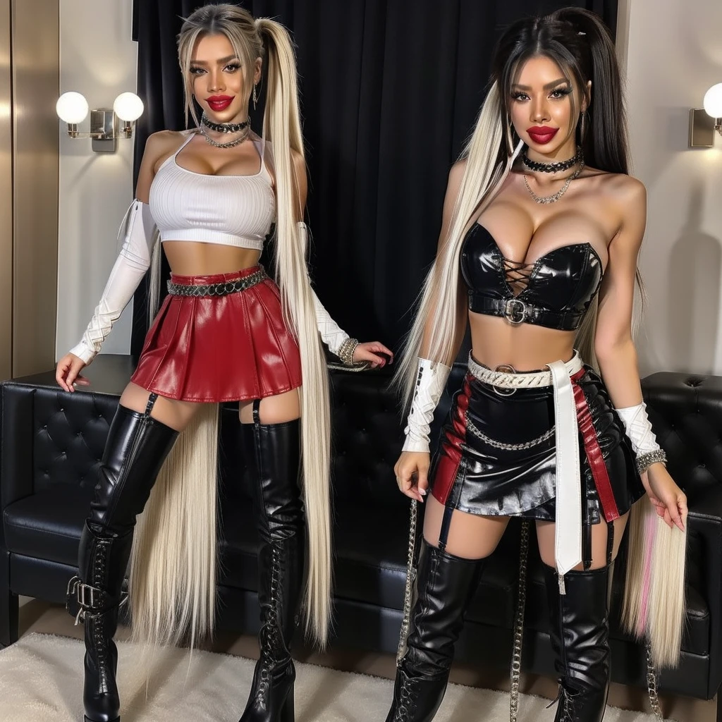 2 girl, An american woman、top white ponytails hair、、 Knee-high boots with a high platform,gem on the neck, huge bracelets, a lot of bracelets, Stockings, crop top, hot dress, big wide belt, leg belts, chains ,multicolored clothes, wide smile, red lips