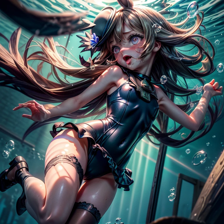 masterpiece, best quality, super detail, ultra realistic, anatomically correct, submerged portraits, fantastic art photography, light leak effect, depth of fields, god rays, backlighting,
(navy blue school swimsuit),
r1cesh0wer, fur collar, horse tail, horse girl, purple eyes, hair over one eye, brown thighhighs, hat flower, flaming eye,
(looking away:1.5),(running:1.5),
hands up,
bends both knees,
opens her legs,
(drowned:1.5),
(blush:1.3),
(dazed eyes:1.5),
(open mouth and tip of her tongue:1.5),
(underwater:1.5),
(inside a cage:1.5),
(The ceiling is window with iron grille:1.3),
(blowing in the wind:1.5),
(A lot of small bubbles:1.5),
(small bubbles around the body:1.5),(Blow bubbles:1.5),
(full body:1.5),(focus on groin:1.5),(from below:1.5),
(Dutch Angle:1.3),
(depth of fields:1.3),
(god rays:1.5)
