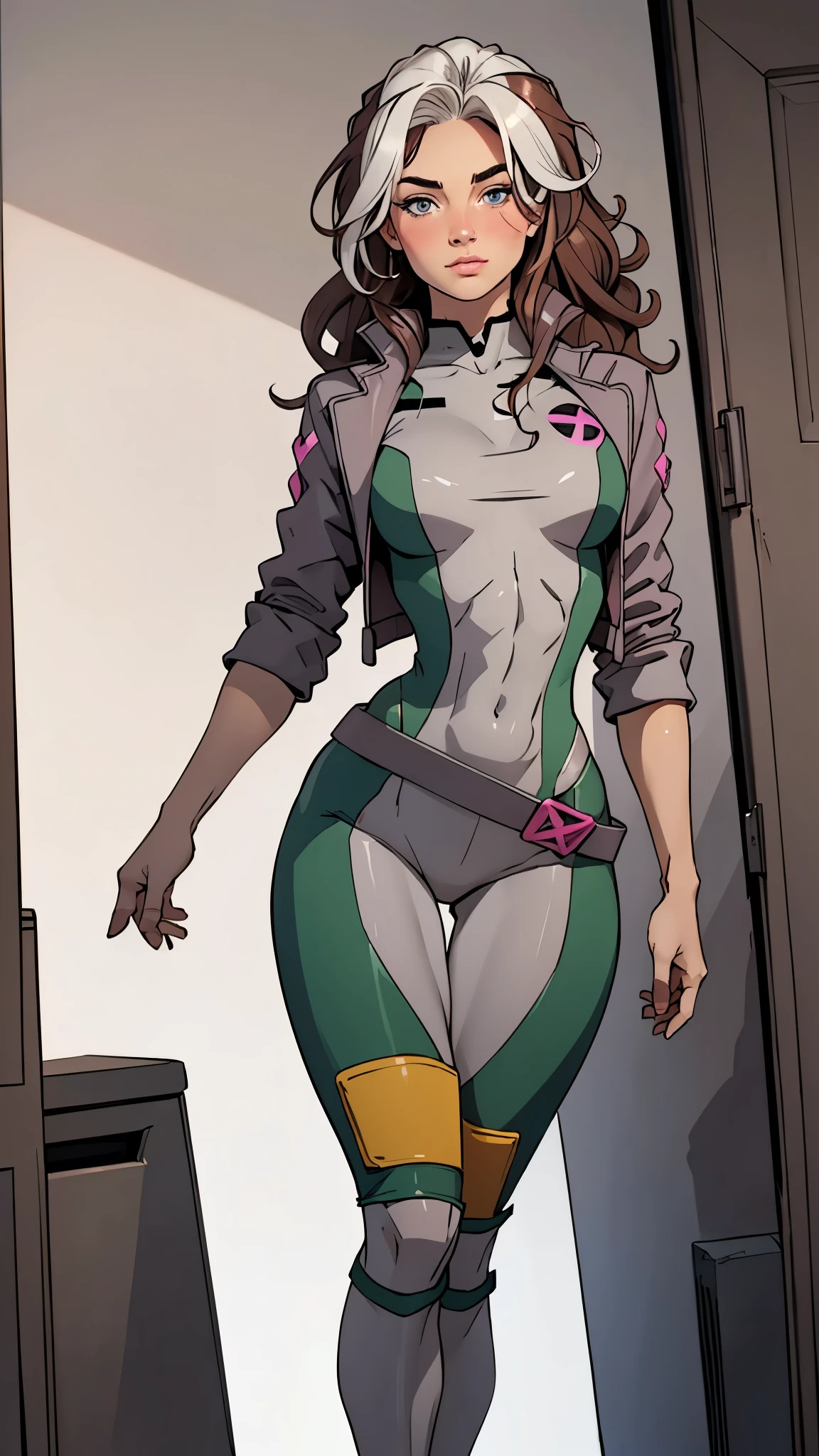 supermodel physique, perfect body, perfect clear skin, ultrarealistic, hyperrealism, photorealistic, ultra quality, masterpiece, high quality, beautiful, sexy face, pretty, slightly toned, fit, supermodel build, 3/4 body view, sexy waist, sexy hips, perfect legs, thigh gap, rogue, 1girl, solo, blush, wavy hair, multi colored hair, pink and grey top, pink and grey bottom, dynamic angle, high quality eyes, beautiful eyes