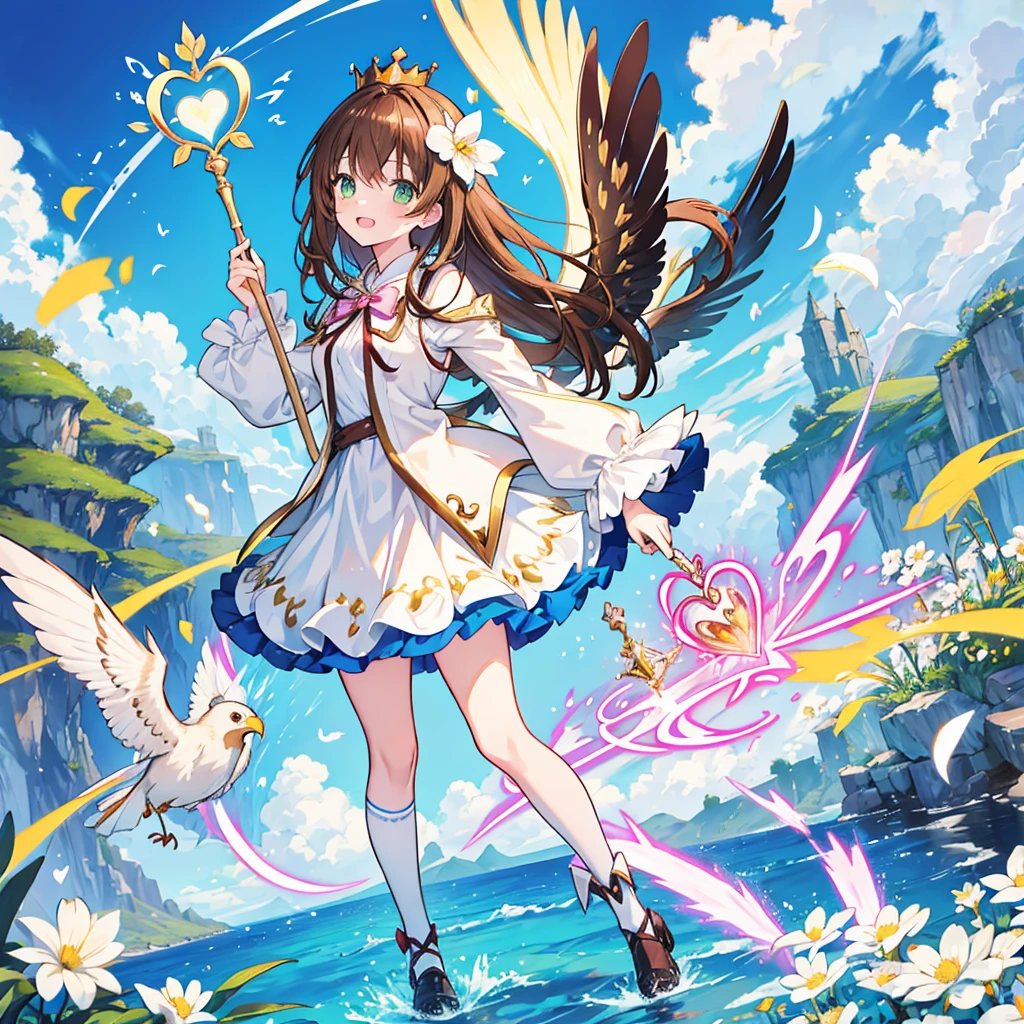 kawaii, anime, Cute, hyper quality, highly detailed, 16k, Front facing, Clarity, full body, smile, one girl, long brown hair, green eyes, Magical girl, , brown hawk wings on the back, heart stick, heart, over knee socks, ribbon, open your mouth and laugh, light dances, A bird of light flaps its wings, brandish a stick, morning sunshine, magic effect, magic attack, heart effect, accessories, cute costume, white petals dance, flower blooming hill, white sardine flower, blue sky, crown, a brown bird flapping its wings, clear sky, Light of the sun, long magic stick, white actinidia arguta flowers, There is only one character, 