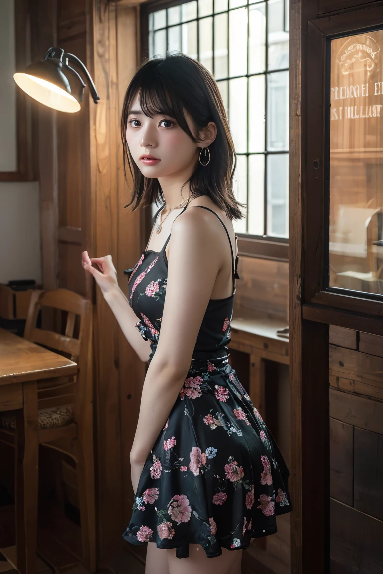 (Highest quality:1.4),(masterpiece:1.4),(Realistic:1.4),(Realistic:1.2),(超High resolution, RAW Photos:1.4),(High resolution, Ultra-detailed:1.2),(8K:1.2),View your viewers,Cinematic photography,Black Hair,One girl,((Floral Dress,View from the front)),skeletally correct,(Western-style building interior,Dimly lit room,The lamplight shines on my cheeks)