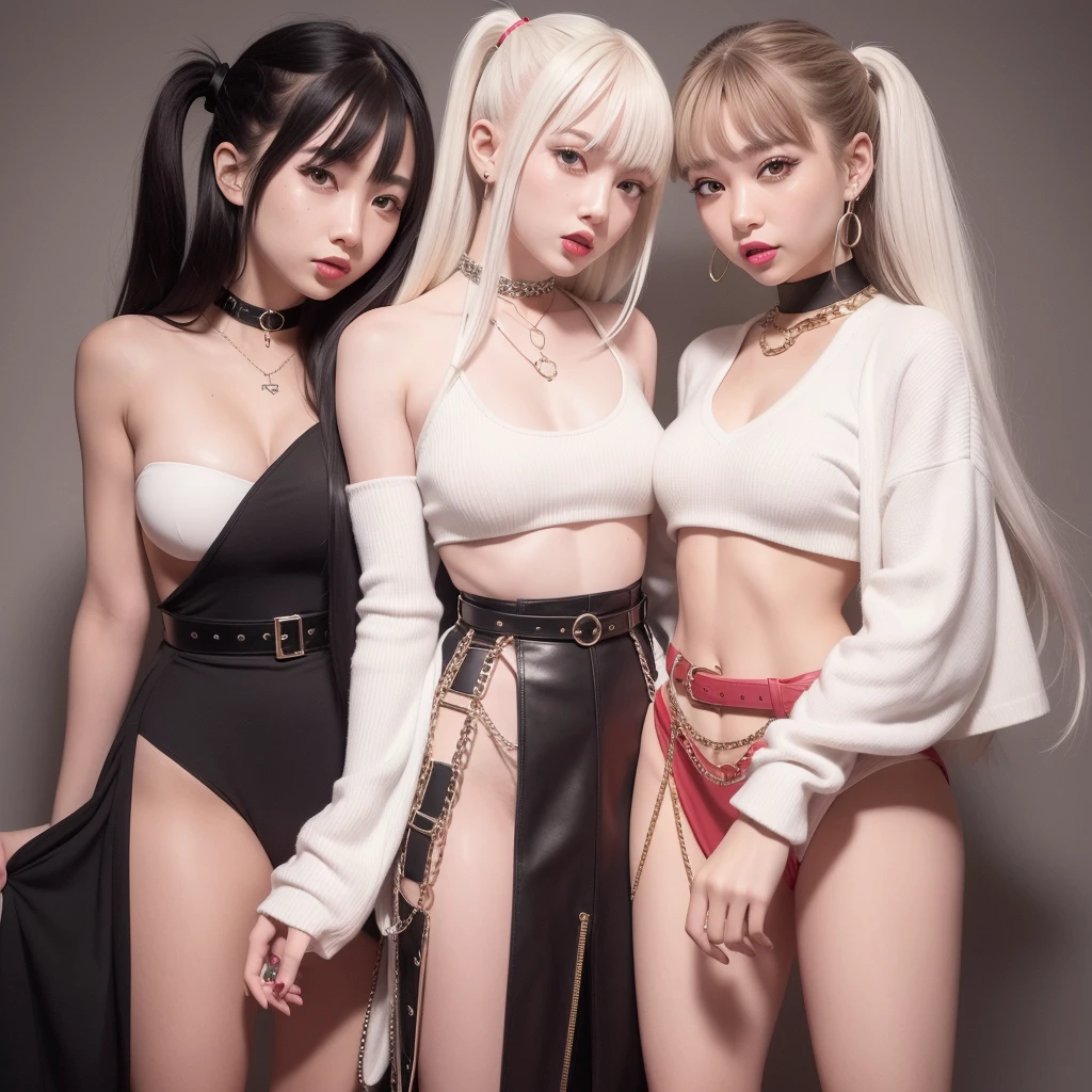 2 girl, An american woman、top white ponytails hair、、 Knee-high boots with a high platform,gem on the neck, huge bracelets, a lot of bracelets, Stockings, crop top, hot dress, big wide belt, leg belts, chains ,multicolored clothes, wide smile, red lips