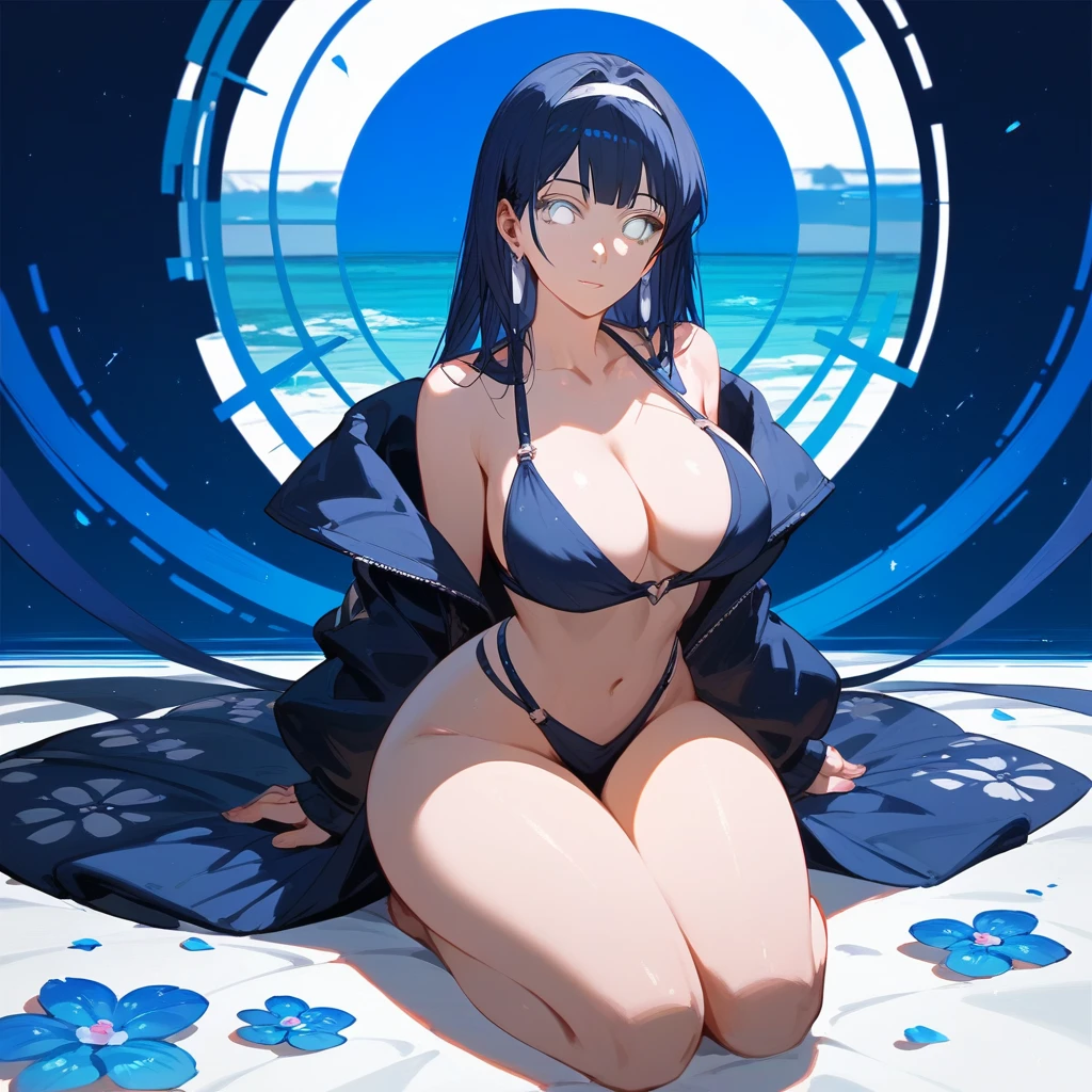 (Fraction_9,Fraction_8_Direction_7_up),1 Girl,beautiful_Face,White eyes，Hyuga Hinata，Dark blue hair，Big breasts，whole body，Bare thighs，Kneeling with legs sideways，barefoot