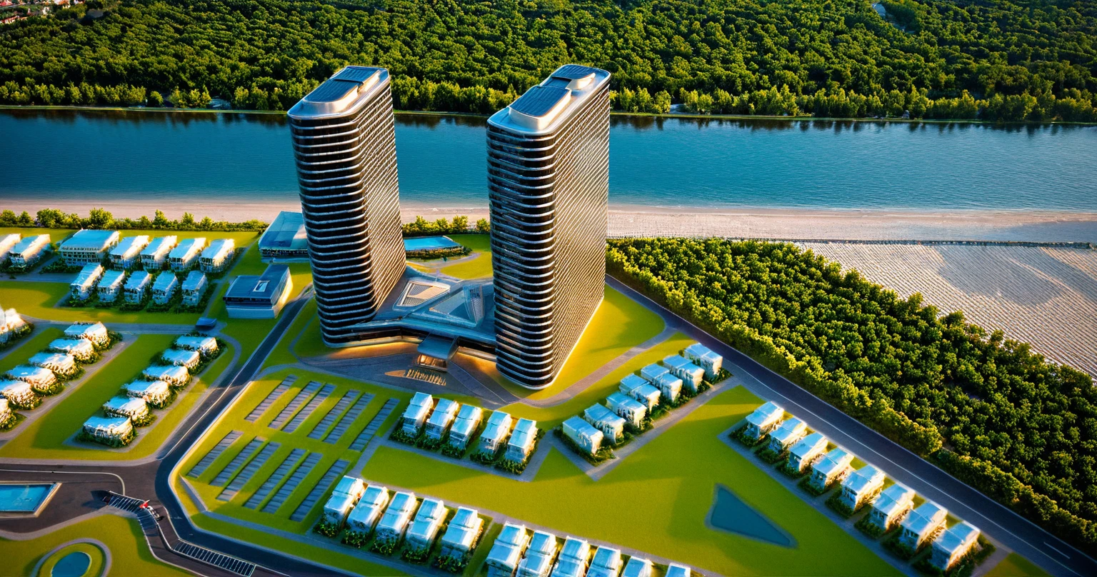 Masterpiece, high quality, best quality, authentic, super detail, outdoors, onestoreyvillaXL, aiaigroup, a city, grass, trees, skyscraper architecture, villa, beach, river, (day:1.1), realistic lighting