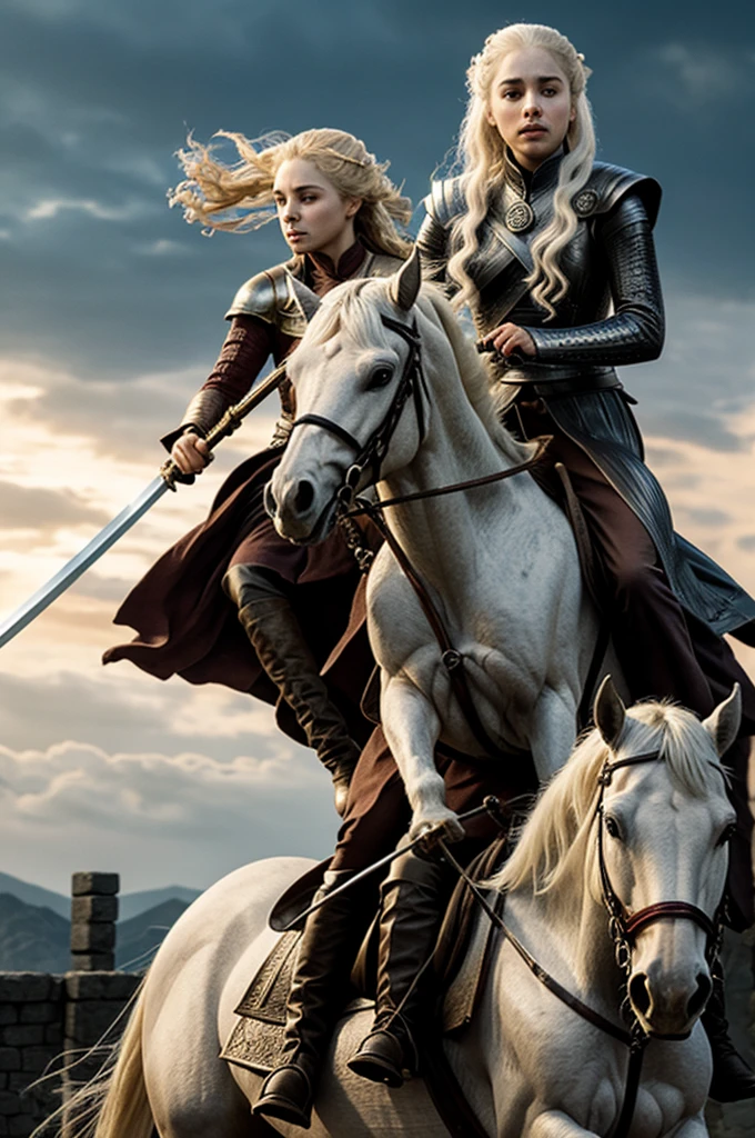 Danaerys Targaryen fighting on a horse with a sword in her hand