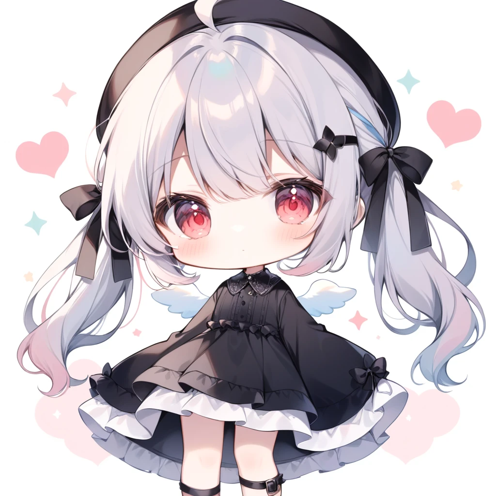 pastel colors, chibi, (little angel:1.5), 1girl, red eye, twin tails, silver hair, ahoge, black ribbon, black dress