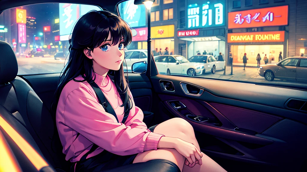Create an image from the angle inside a car, showing a woman with a thoughtful expression on her face as she gazes out of the side window at the cityscape. The city outside should be visible, illuminated by streetlights and neon signs. Use soft, pastel colors and subtle gradients to capture a dreamy, reflective atmosphere. Ensure the interior of the car feels cozy and comfortable, adding to the overall serene vibe.