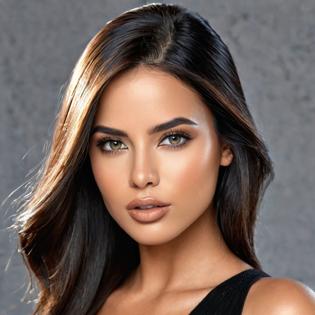 A photoreal close up of a stunning 28-year-old Latina model showcases her oval face, straight black hair, and striking grey eyes. Her beautiful lips accentuate her wheatish skin with light brown tone highlights. Dressed in a chic black top, the image should be full body shot, 8k hdr, high detailed, and focused on capturing her mesmerizing beauty. The lighting should be soft and golden to enhance her radiance.