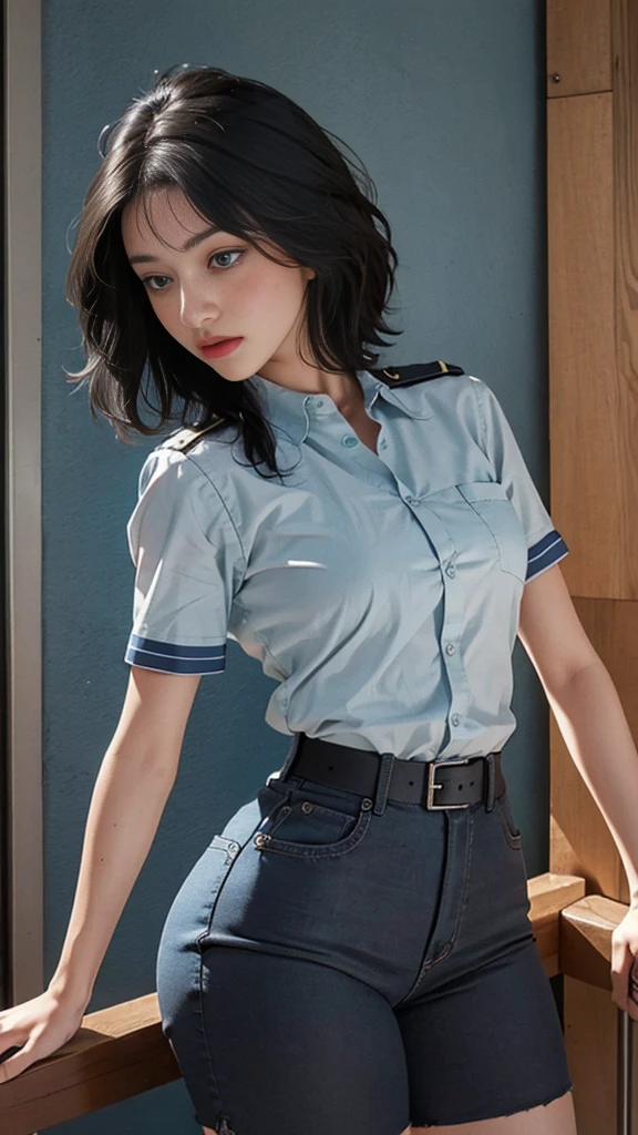 (Highest Resolution, clear_image) Highest quality, Single, One Woman, alone, masterpiece, Very detailed, Semi-realistic, Black Short Hair, Black Hair, bangs, 18-year-old, mature, light blue uniform, uniform, Indoor Background, kind, Authoritative, Powerful, Graceful features, Graceful features