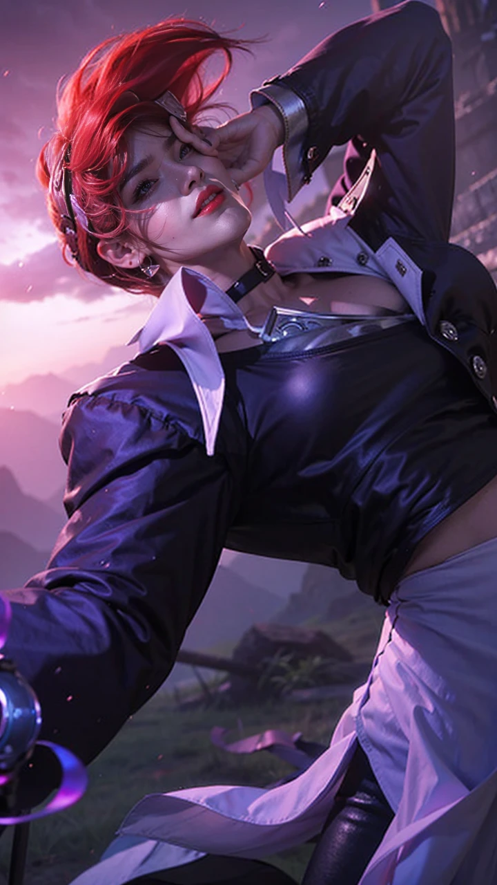 (female:1.2), 8k, ultra hd, ultra detailed texture, hyper realistic, masterpiece, detailed texture, detailed face, detailed skin, detailed lighting, (photorealistic:1.5), best quality, beautiful lighting, cinematic lighting, professional lighting, ultra highres, realistic, detailed hair, real hair, high quality, (realskin:1.5), extremely detailed, finely detail, ultra-detailed, 1boy, solo, elf, pointy ears, standing, demon horns, forehead protector, (red eyes:1.5), v-shapped eyebrow, lips, red lips, evil smile, nose, make up, pretty, beautiful, cute face, long hair, blue hair, high ponytail, large breasts, cleavage, armpit, navel, stomach, black armor, pauldrons, bare shoulders, shoulder armor, thigh high, sleevless, detached sleeves, breastplate, gauntlets, karina \(mobile legends\), depth of field, looking aways, white skin, skin tight, amazing pose, outdoors, glowing, dark view, blurry background