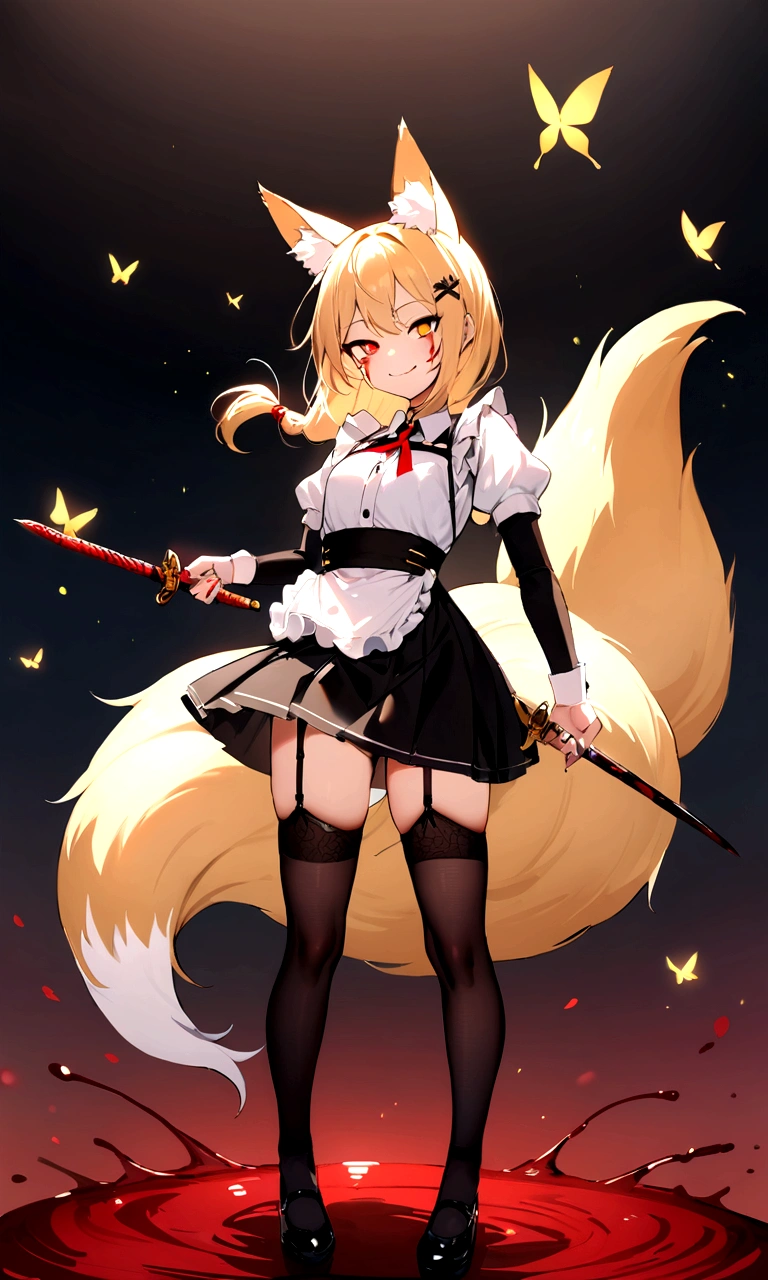 (masterpiece, best quality) junior,1girl,detailed, (beautiful,small breasts), blonde,long hair, side ponytail(tied to the left),Hairpin decoration with gold butterfly, elegant, (fox ears),nine tailed fox tail, red eyeshadow, golden eyes, femur,dark night sky,girl,yandere eyes,bloody face,피묻은 Maid복,Maid,white shirt,Black Skirt,Black stockings,Garter belt stockings,Bloody(blood on fullbody),bloody dagger,ninja rope,holding weapon,holding the hilt of a sword,evil smile