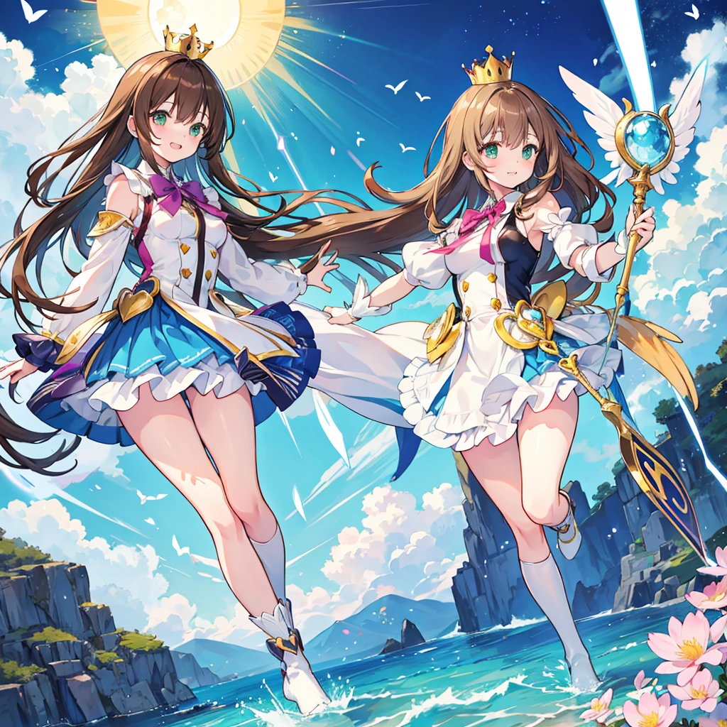 kawaii, anime, Cute, hyper quality, highly detailed, 16k, Front facing, Clarity, full body, smile, one girl, long brown hair, green eyes, Magical girl, , brown hawk wings on the back, heart stick, heart, over knee socks, ribbon, open your mouth and laugh, light dances, A bird of light flaps its wings, brandish a stick, morning sunshine, magic effect, magic attack, heart effect, accessories, cute costume, white petals dance, flower blooming hill, white sardine flower, blue sky, crown, a brown bird flapping its wings, clear sky, Light of the sun, long magic stick, white actinidia arguta flowers, There is only one character,
