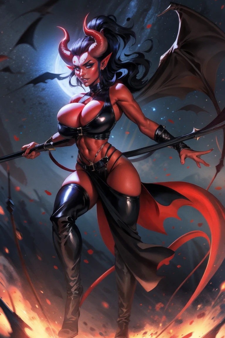 Red skin succubus tiefling, large breasts, black horns, wings, huge tail, black leather, crop top, long flowing pelvic curtain, tall, toned, graceful, thin, long black ponytail. Action scene, whip. Dark scene, explosions, night sky.